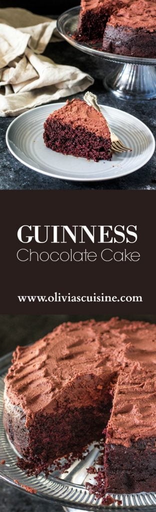 Guinness Chocolate Cake | www.oliviascuisine.com | Rich, moist and decadent , this chocolate cake is made with Guinness beer and is a perfect treat for St Patrick's Day!