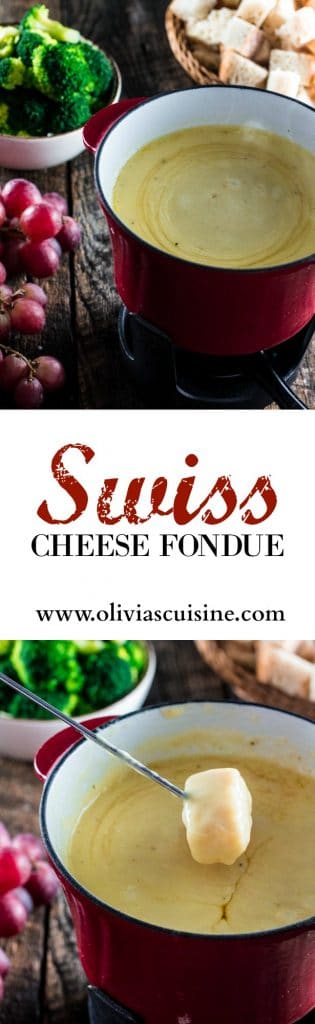Swiss Cheese Fondue | www.oliviascuisine.com | Take date night to a whole new level with this classic Swiss Cheese Fondue. Because nothing says romance like sharing a pot of melted cheese!