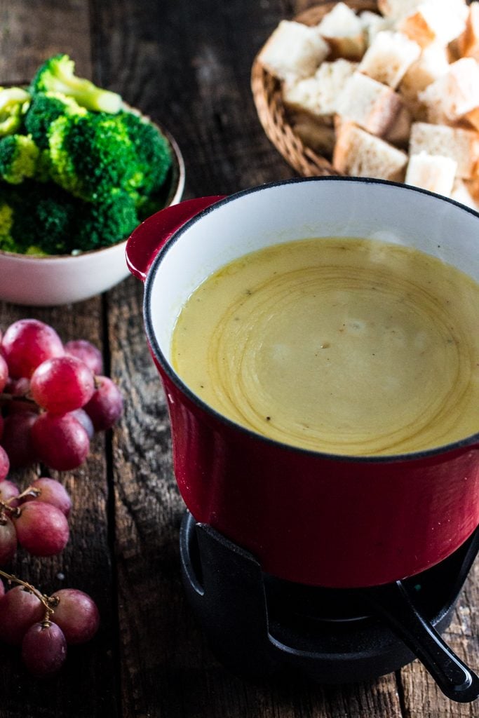 Swiss Cheese Fondue | www.oliviascuisine.com | Take date night to a whole new level with this classic Swiss Cheese Fondue. Because nothing says romance like sharing a pot of melted cheese!