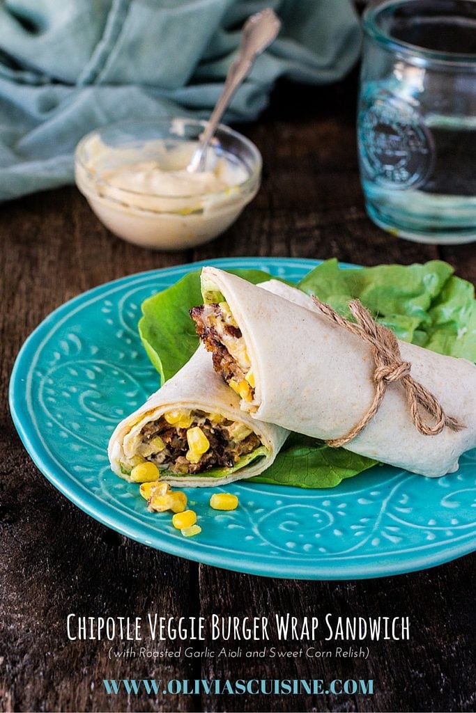Chipotle Veggie Burger Wrap Sandwich (with Roasted Aioli and Sweet Corn Relish) | www.oliviascuisine.com | #MeatlessMonday made easy with this vegetarian sandwich wrap! Not only nutritious but also very delicious! #OMGardein #sponsored