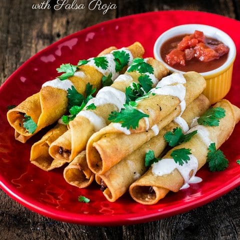 Creamy Chicken Taquitos with Salsa Roja | www.oliviascuisine.com | These chicken taquitos - or flautas, in Spanish - are seriously to die for! Crunchy, creamy and bursting with shredded chicken! The kids will definitely love it ! #sp #DiaDelNino #HerdezKids