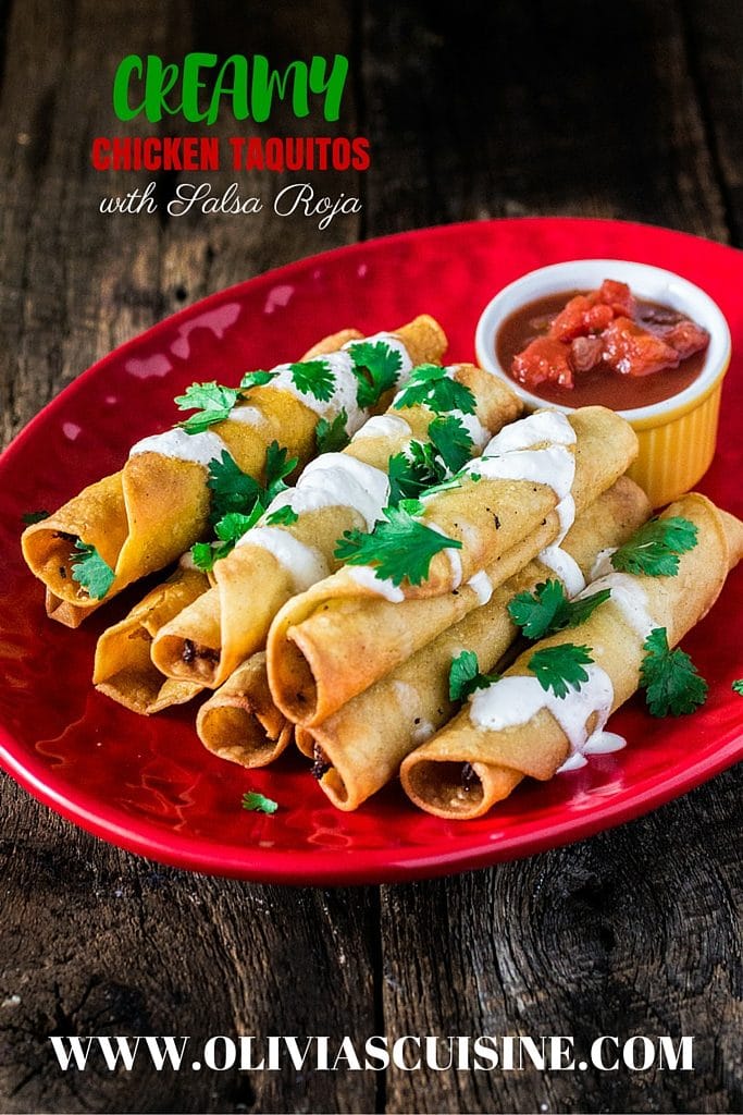 Creamy Chicken Taquitos with Salsa Roja | www.oliviascuisine.com | These chicken taquitos - or flautas, in Spanish - are seriously to die for! Crunchy, creamy and bursting with shredded chicken! The kids will definitely love it ! #sp #DiaDelNino #HerdezKids