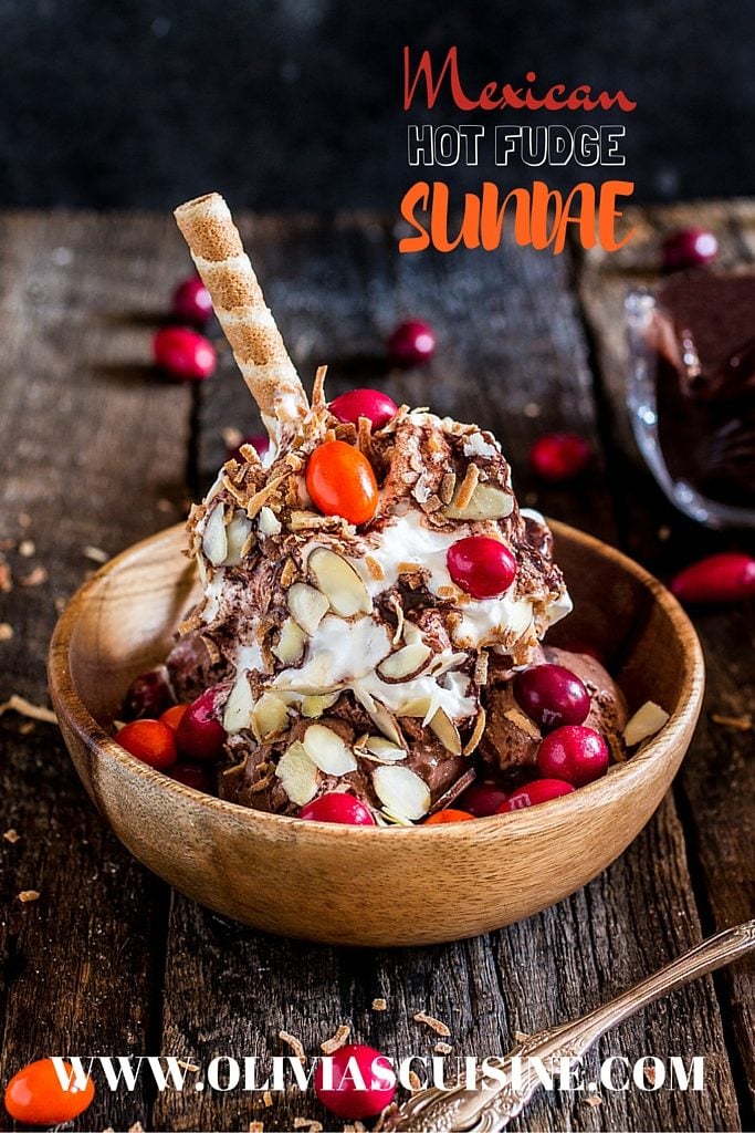 Mexican Hot Fudge Sundae | www.oliviascuisine.com | Chocolate ice cream topped with a delicious spiced hot fudge, whipped cream, toasted coconut flakes, almonds and M&M’s® Chili Nut! #MMSFlavorVote #Walmart #ad