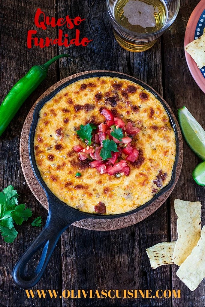 Mexican Queso Fundido with Chorizo | www.oliviascuisine.com | Celebrate Cinco de Mayo with this cheesy and delicious appetizer. You can omit the chorizo for a vegetarian version!