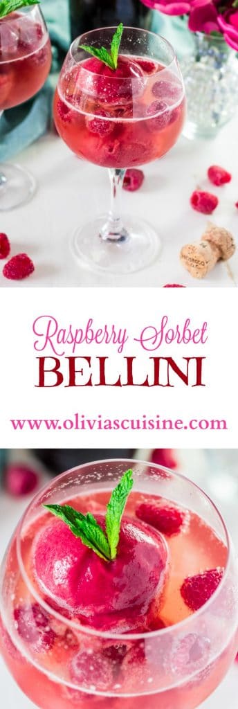 Raspberry Sorbet Bellini | www.oliviascuisine.com | A fun twist on the classic Bellini, made with raspberry sorbet and prosecco. Perfect for Spring and Summer! #VOVETI #CleverGirls