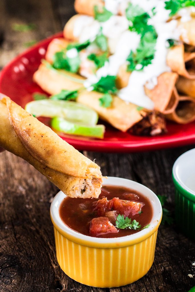 Creamy Chicken Taquitos with Salsa Roja | www.oliviascuisine.com | These chicken taquitos - or flautas, in Spanish - are seriously to die for! Crunchy, creamy and bursting with shredded chicken! The kids will definitely love it ! #sp #DiaDelNino #HerdezKids