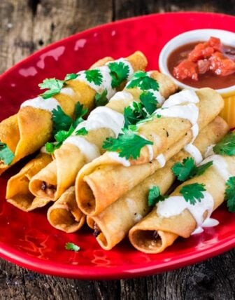 Creamy Chicken Taquitos with Salsa Roja