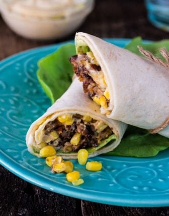 Chipotle Veggie Burger Wrap Sandwich (with Roasted Aioli and Sweet Corn Relish)