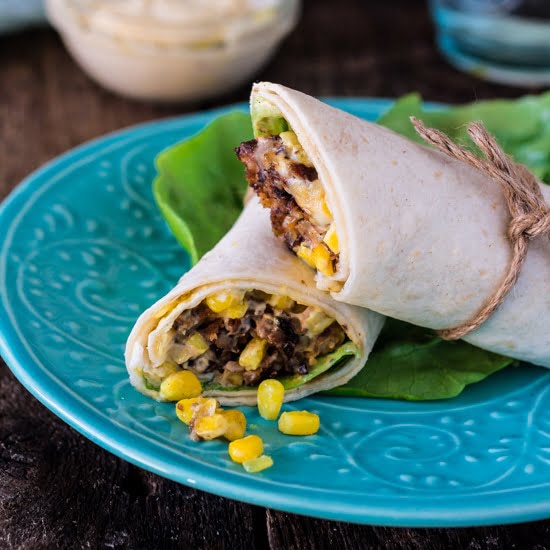 Chipotle Veggie Burger Wrap Sandwich (with Roasted Aioli and Sweet Corn