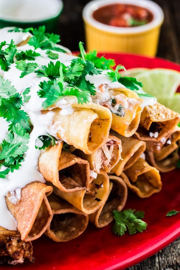 Creamy Chicken Taquitos with Salsa Roja | www.oliviascuisine.com | These chicken taquitos - or flautas, in Spanish - are seriously to die for! Crunchy, creamy and bursting with shredded chicken! The kids will definitely love it ! #sp #DiaDelNino #HerdezKids