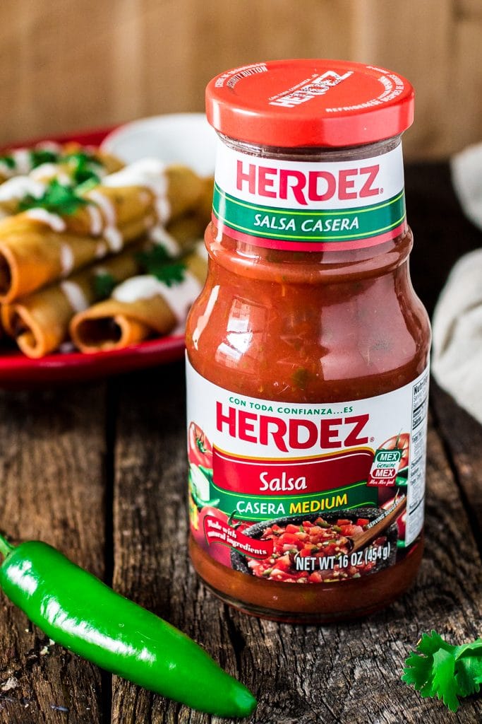 Creamy Chicken Taquitos with Salsa Roja | www.oliviascuisine.com | These chicken taquitos - or flautas, in Spanish - are seriously to die for! Crunchy, creamy and bursting with shredded chicken! The kids will definitely love it ! #sp #DiaDelNino #HerdezKids