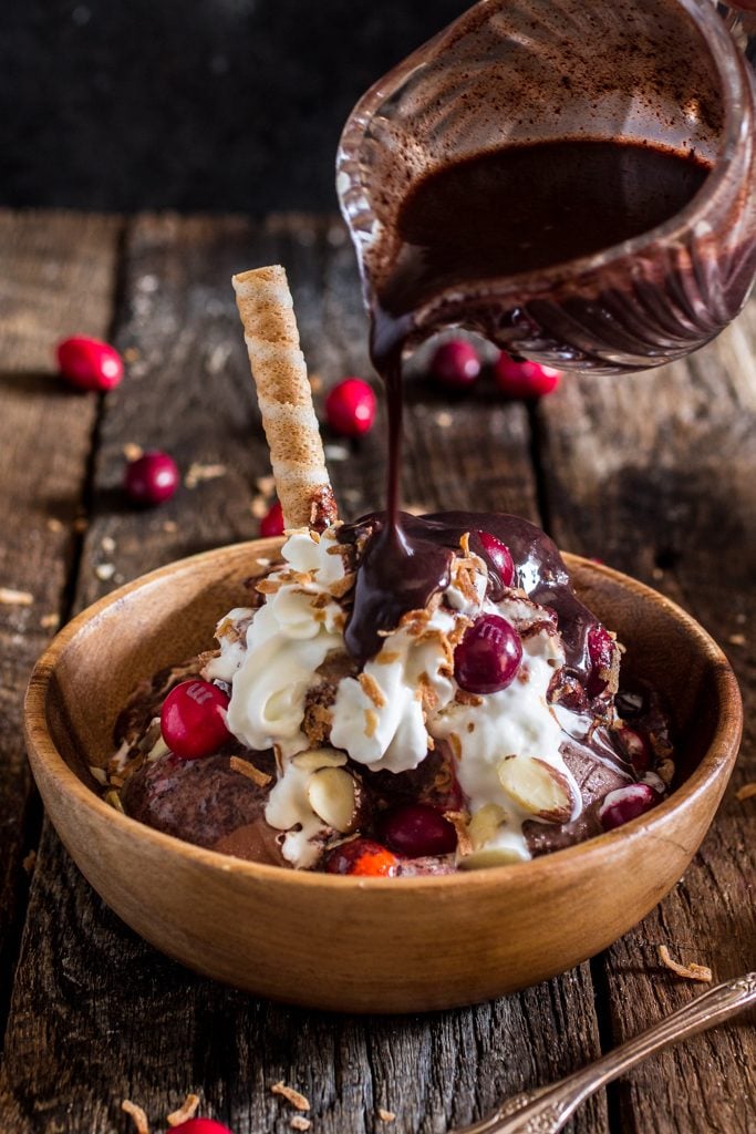 Mexican Hot Fudge Sundae | www.oliviascuisine.com | Chocolate ice cream topped with a delicious spiced hot fudge, whipped cream, toasted coconut flakes, almonds and M&M’s® Chili Nut! #MMSFlavorVote #Walmart #ad