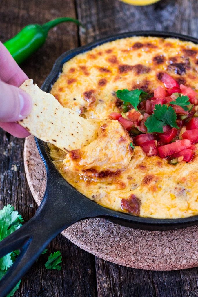 Mexican Queso Fundido with Chorizo | www.oliviascuisine.com | Celebrate Cinco de Mayo with this cheesy and delicious appetizer. You can omit the chorizo for a vegetarian version!