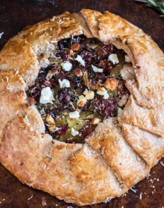 Potato Galette with Caramelized Onions, Bacon, Goat Cheese and Rosemary