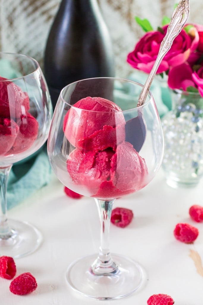 Raspberry Sorbet Bellini | www.oliviascuisine.com | A fun twist on the classic Bellini, made with raspberry sorbet and prosecco. Perfect for Spring and Summer! #VOVETI #CleverGirls