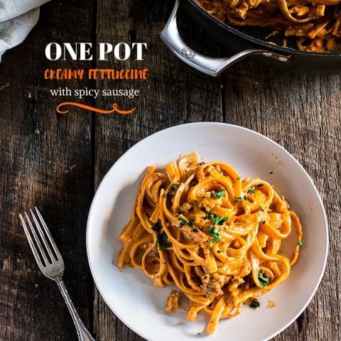 One Pot Creamy Fettuccine with Spicy Sausage | www.oliviascuisine.com | In spite of the long title, this delicious pasta dish is ready in less than 20 minutes! In partnership with the new RAGÚ® Homestyle Thick and Hearty Traditional Sauce.