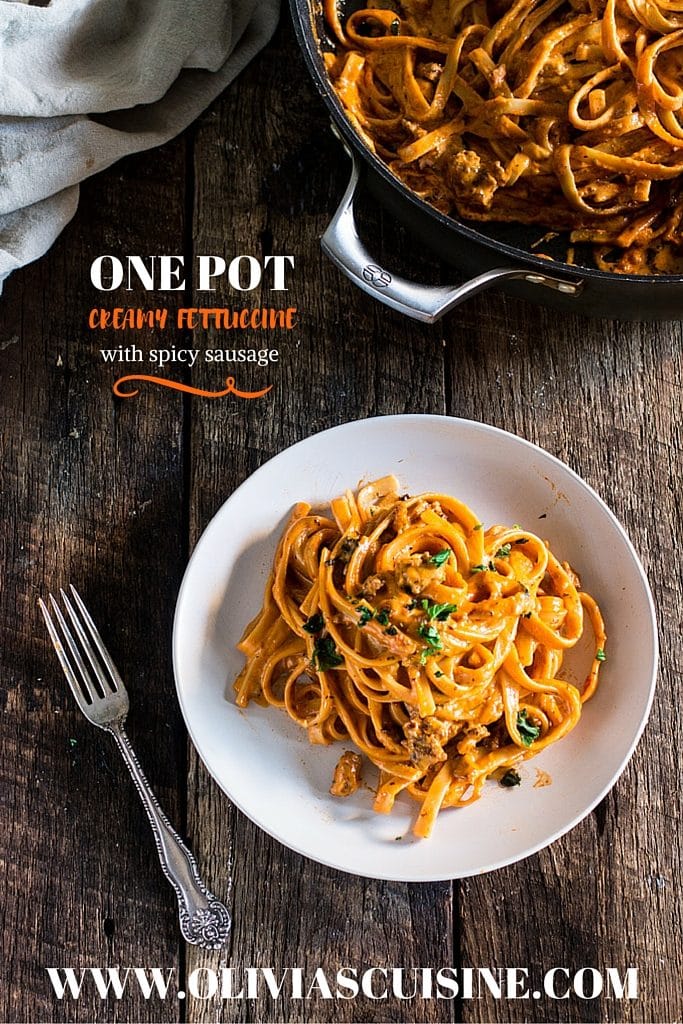 One Pot Creamy Fettuccine with Spicy Sausage | www.oliviascuisine.com | In spite of the long title, this delicious pasta dish is ready in less than 20 minutes! In partnership with the new RAGÚ® Homestyle Thick and Hearty Traditional Sauce.