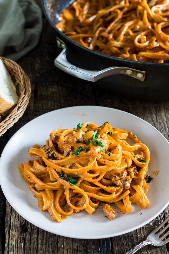 One Pot Creamy Fettuccine with Spicy Sausage | www.oliviascuisine.com | In spite of the long title, this delicious pasta dish is ready in less than 20 minutes! In partnership with the new RAGÚ® Homestyle Thick and Hearty Traditional Sauce.