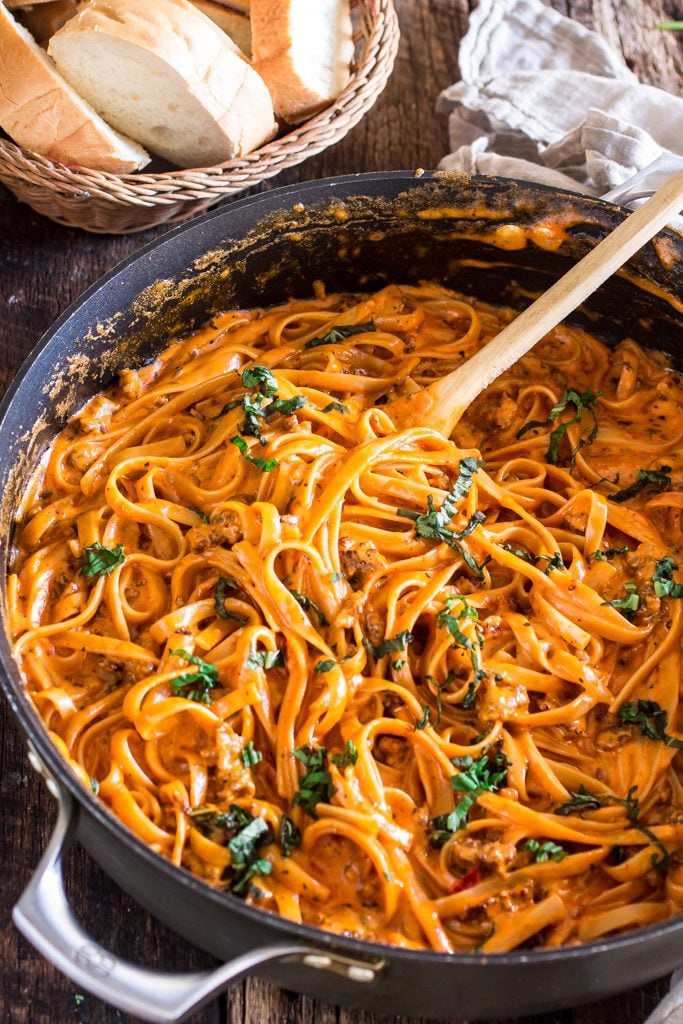 One Pot Creamy Fettuccine with Spicy Sausage | www.oliviascuisine.com | In spite of the long title, this delicious pasta dish is ready in less than 20 minutes! In partnership with the new RAGÚ® Homestyle Thick and Hearty Traditional Sauce.