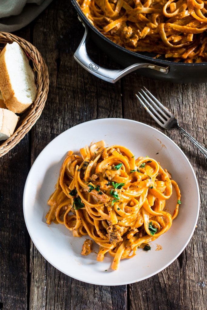 One Pot Creamy Fettuccine with Spicy Sausage | www.oliviascuisine.com | In spite of the long title, this delicious pasta dish is ready in less than 20 minutes! In partnership with the new RAGÚ® Homestyle Thick and Hearty Traditional Sauce.