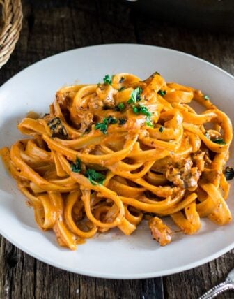 One Pot Creamy Fettuccine with Spicy Sausage