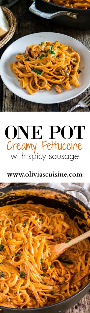 One Pot Creamy Fettuccine with Spicy Sausage | www.oliviascuisine.com | In spite of the long title, this delicious pasta dish is ready in less than 20 minutes! In partnership with the new RAGÚ® Homestyle Thick and Hearty Traditional Sauce.