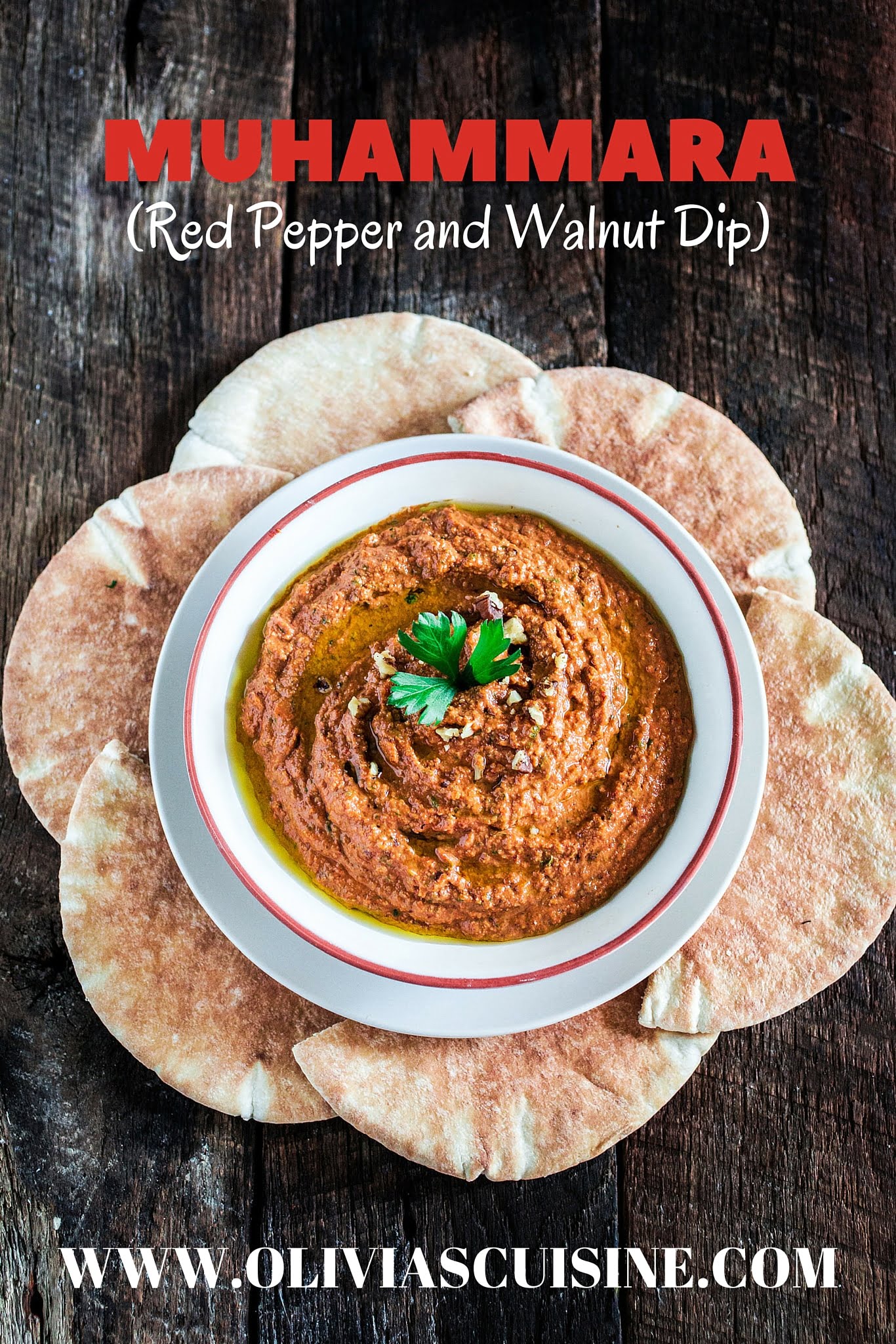 Muhammara (Red Pepper and Walnut Dip) | www.oliviascuisine.com | A middle eastern spread made with roasted red peppers, toasted walnuts, scallions, spices, breadcrumbs, olive oil and pomegranate molasses. It's a delicious sweet and spicy dip and a great alternative to hummus! (In partnership with Mezzetta.)