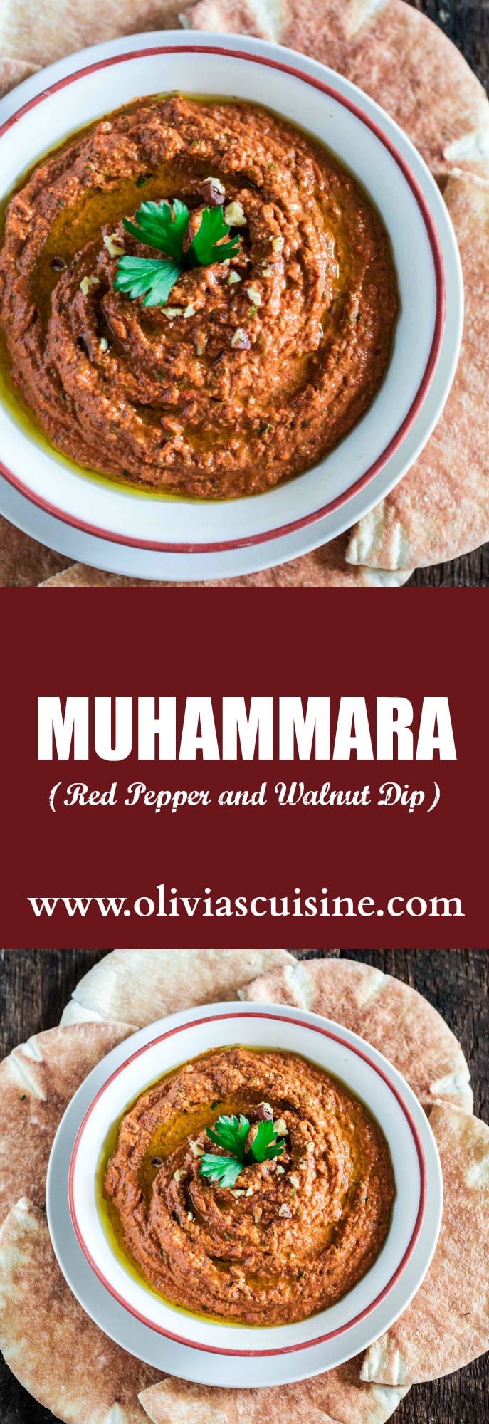 Muhammara (Red Pepper and Walnut Dip) | www.oliviascuisine.com | A middle eastern spread made with roasted red peppers, toasted walnuts, scallions, spices, breadcrumbs, olive oil and pomegranate molasses. It's a delicious sweet and spicy dip and a great alternative to hummus! (In partnership with Mezzetta.)