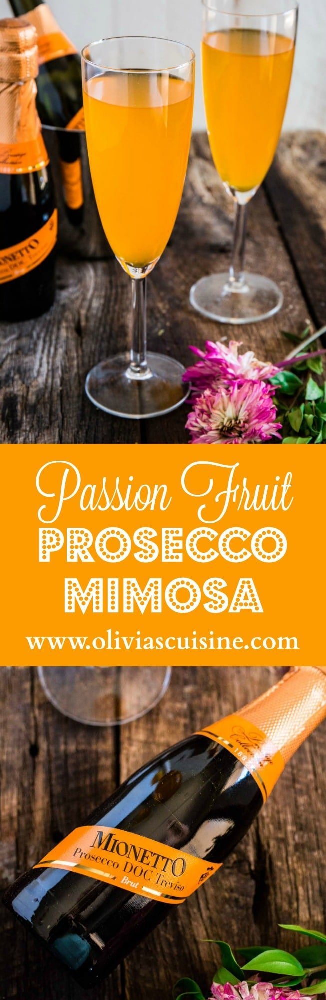 Passion Fruit Prosecco Mimosa | www.oliviascuisine.com | A refreshing and easy cocktail, made with only 2 ingredients: Passion Fruit juice and Mionetto Prosecco! MyMionetto (Msg 4 21+) AD