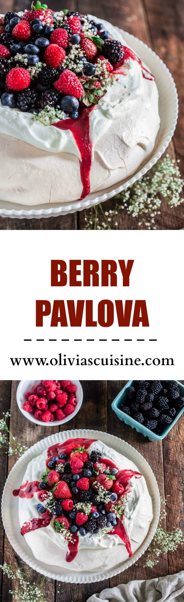 Berry Pavlova | www.oliviascuisine.com | A delicious meringue-based dessert named after the Russian ballerina Anna Pavlova. Easy to make and always a crowd pleaser!