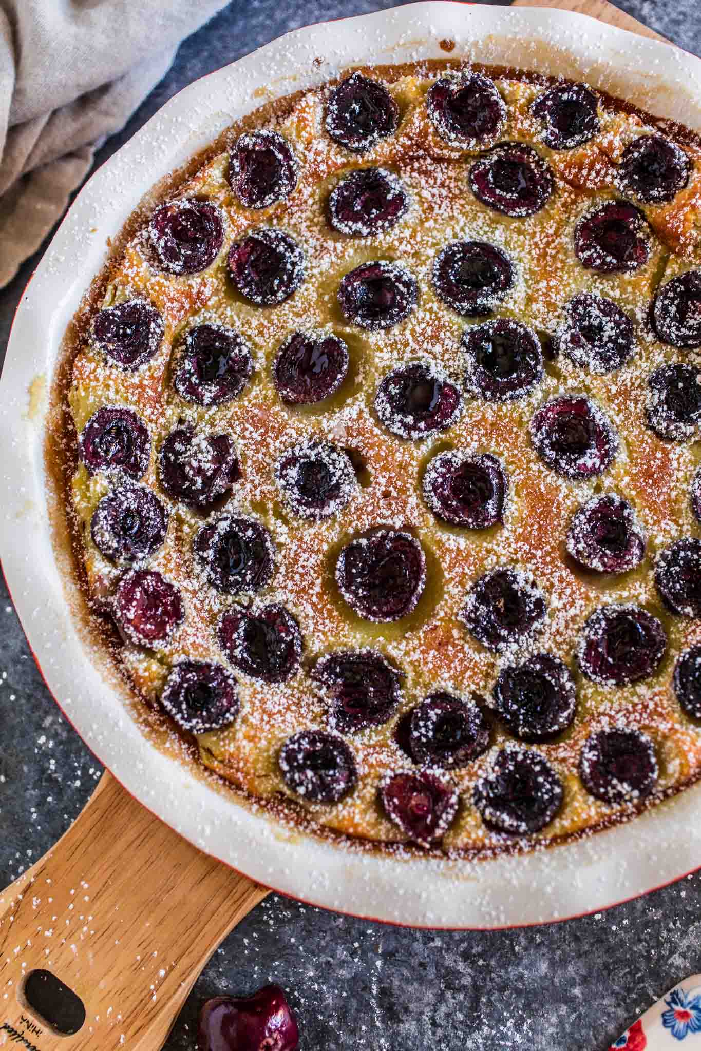 Cherry Clafoutis (Clafoutis aux Cerises) | www.oliviascuisine.com | A classic French dessert that combines seasonal cherries and a rich custard. Easy to make using a blender or by hand, with a whisk!