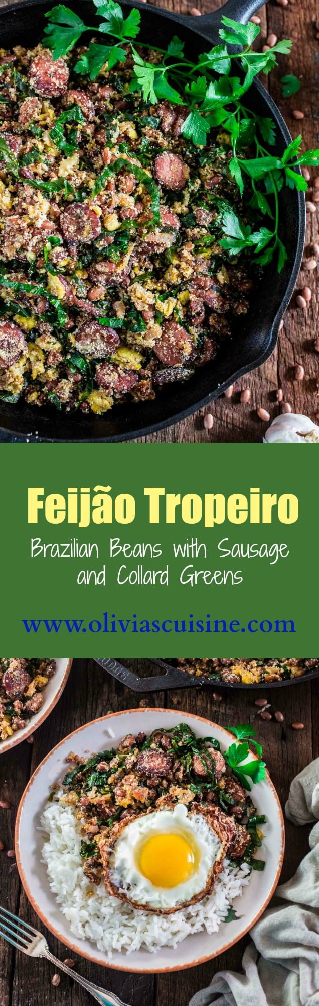 Feijão Tropeiro (Brazilian Beans with Sausage and Collard Greens) | www.oliviascuisine.com | If you like Brazilian food, this one is for you: Feijão Tropeiro. A traditional dish from Minas Gerais, made with beans, bacon, sausage, collard greens, eggs and manioc flour. 