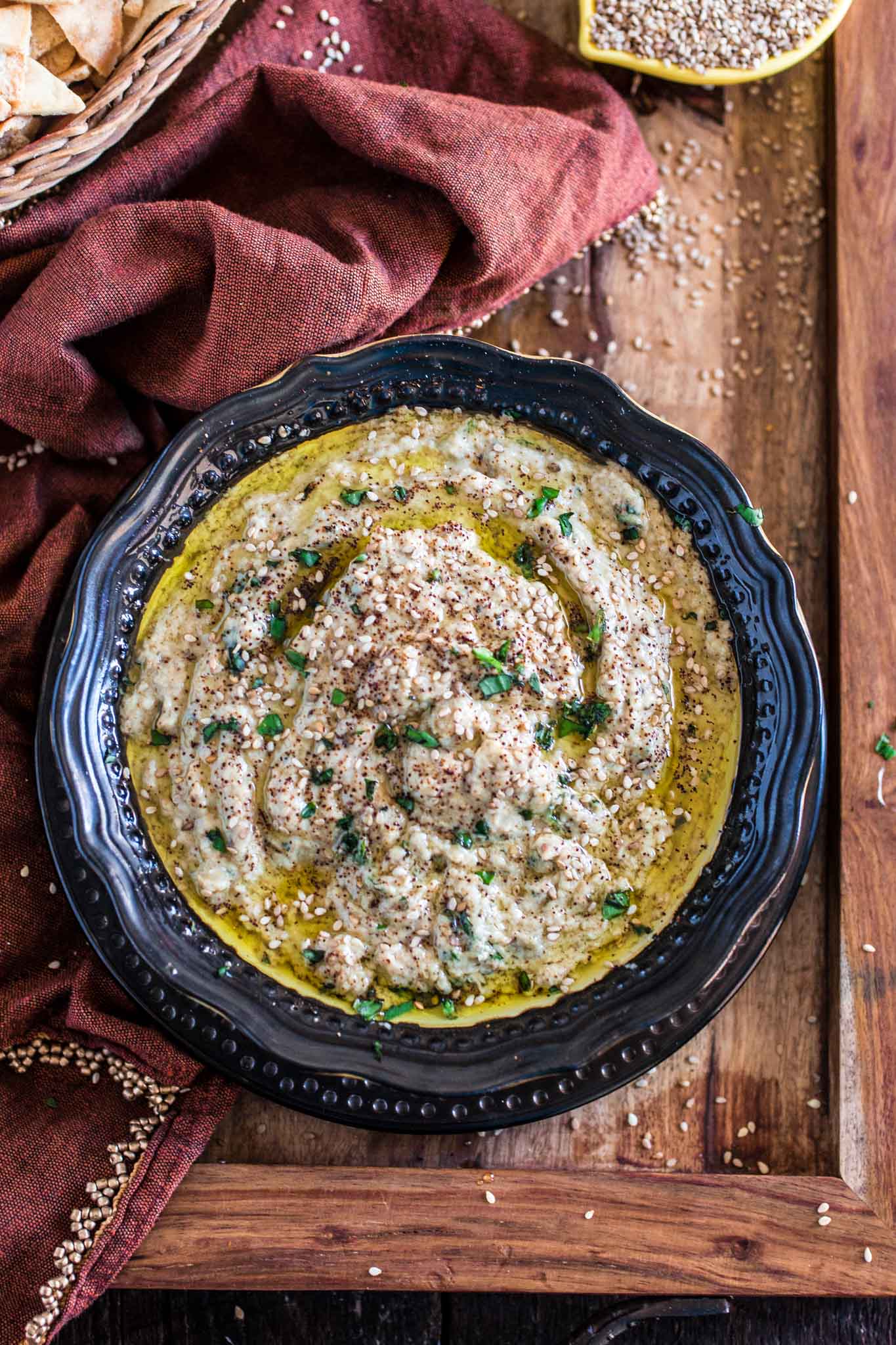 Baba Ghanoush (Roasted Eggplant Dip) | www.oliviascuisine.com | This creamy and delicious roasted eggplant dip is a Lebanese classic! It is vegetarian, but you can make it vegan by omitting the sour cream.