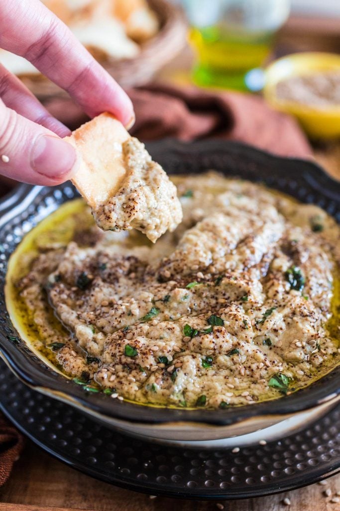 Baba Ghanoush (Roasted Eggplant Dip) | www.oliviascuisine.com | This creamy and delicious roasted eggplant dip is a Lebanese classic! It is vegetarian, but you can make it vegan by omitting the sour cream.