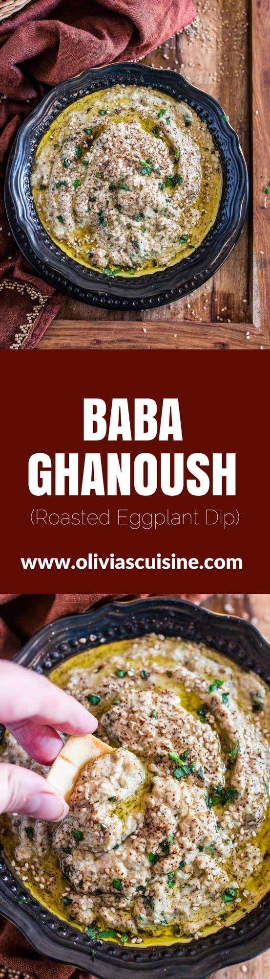 Baba Ghanoush (Roasted Eggplant Dip) | www.oliviascuisine.com | This creamy and delicious roasted eggplant dip is a Lebanese classic! It is vegetarian, but you can make it vegan by omitting the sour cream.