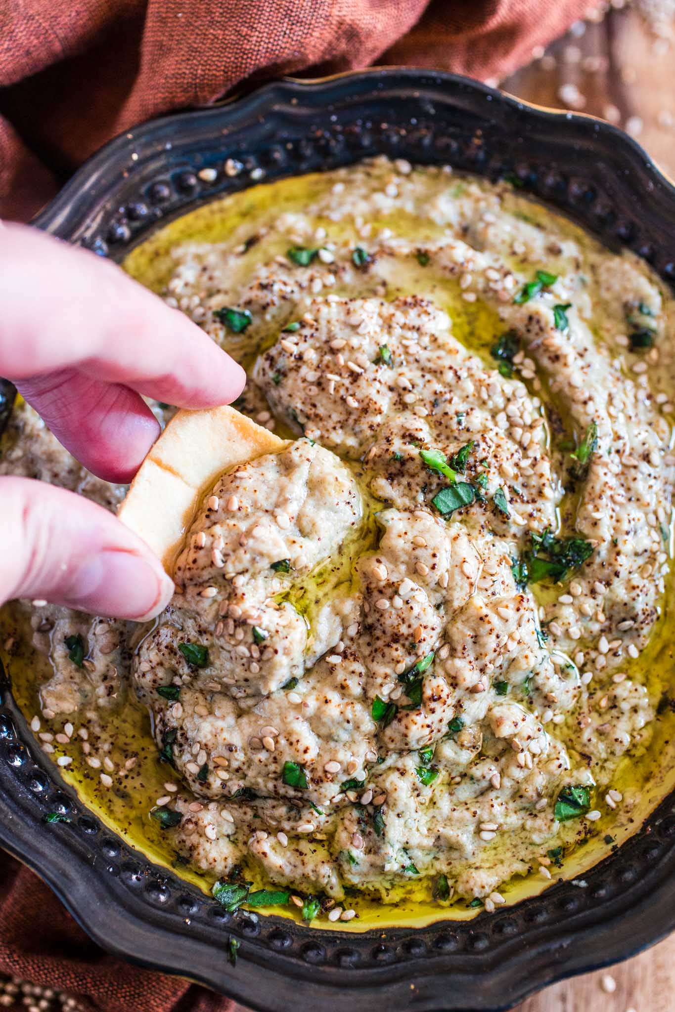 Baba Ghanoush (Roasted Eggplant Dip) | www.oliviascuisine.com | This creamy and delicious roasted eggplant dip is a Lebanese classic! It is vegetarian, but you can make it vegan by omitting the sour cream.