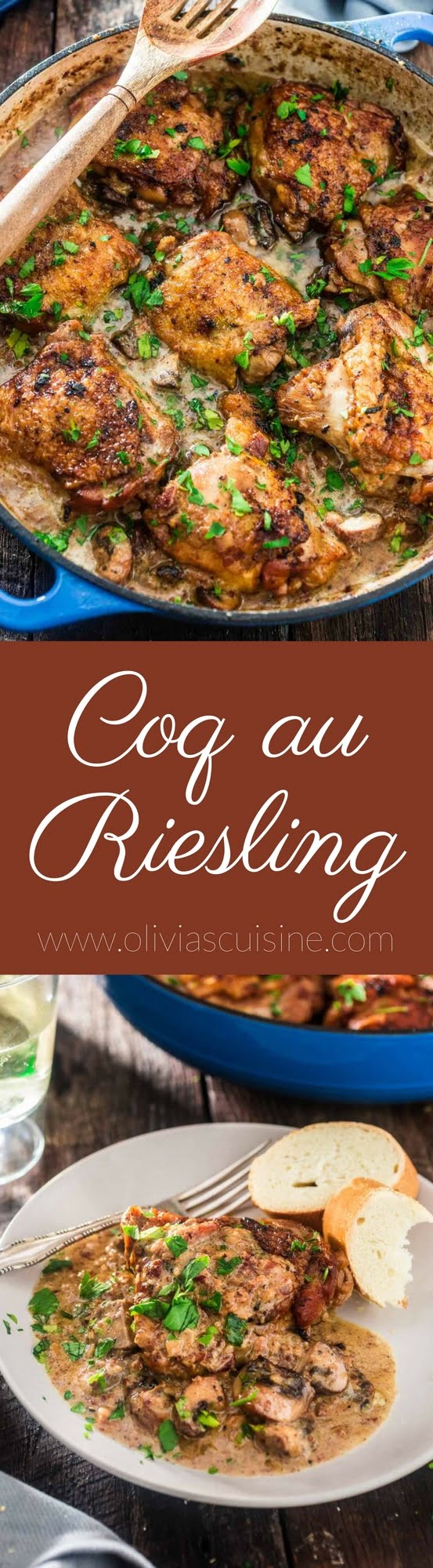 Coq au Riesling (Chicken Thighs Braised in White Wine) | www.oliviascuisine.com | A creamy twist on the classic Coq au Vin. Chicken thighs, bacon and mushrooms are braised in an off-dry Riesling and heavy cream is added at the end to make it even more delicious! Oh, and it's all made in one pot! (Sponsored by @theseekerwines)
