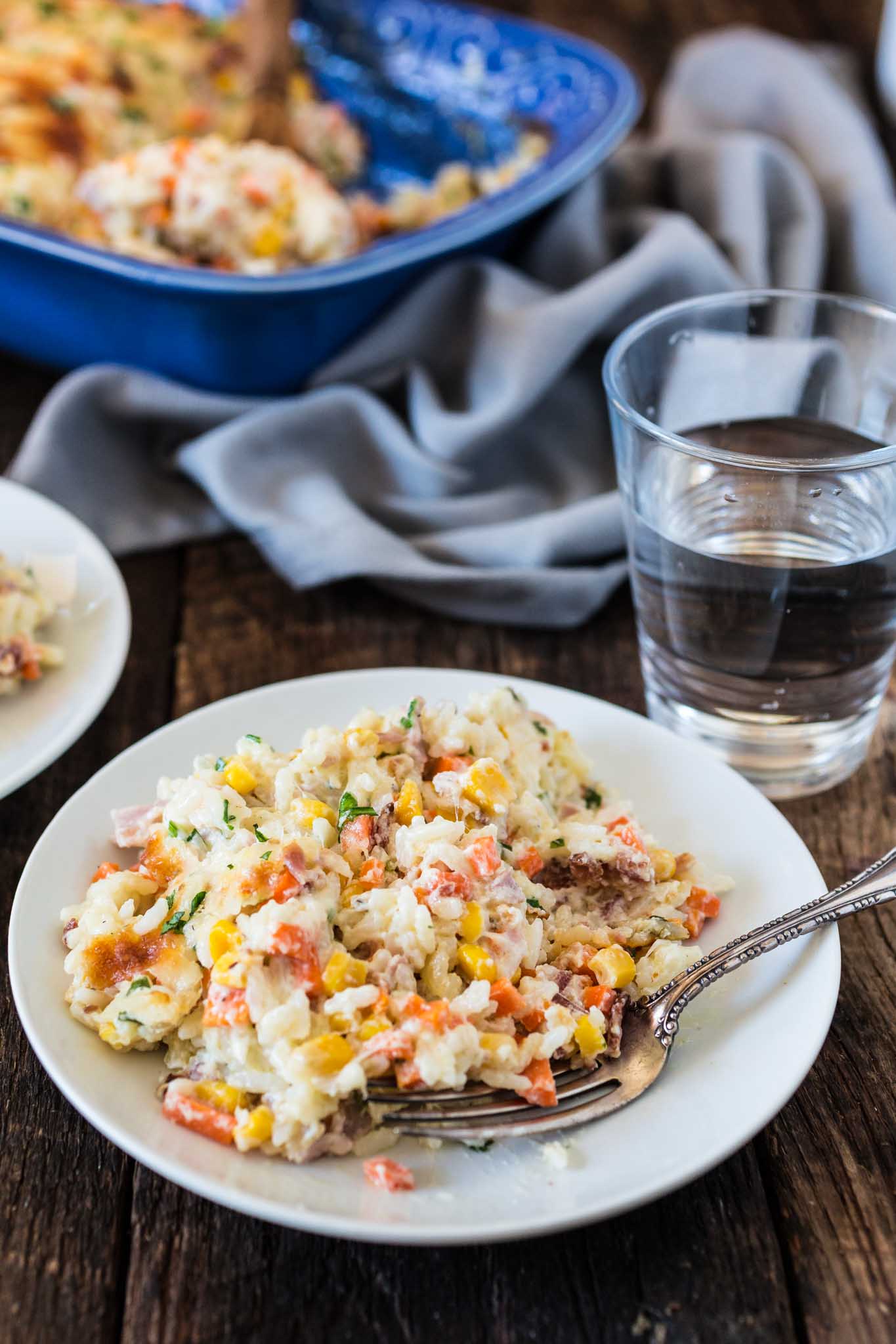 Brazilian Creamy Rice Casserole | www.oliviascuisine.com | This Brazilian Creamy Rice Casserole is not only delicious but VERY easy and quick to prepare. It is ready in 20 minutes and is a great way to use up the leftovers in your fridge! 