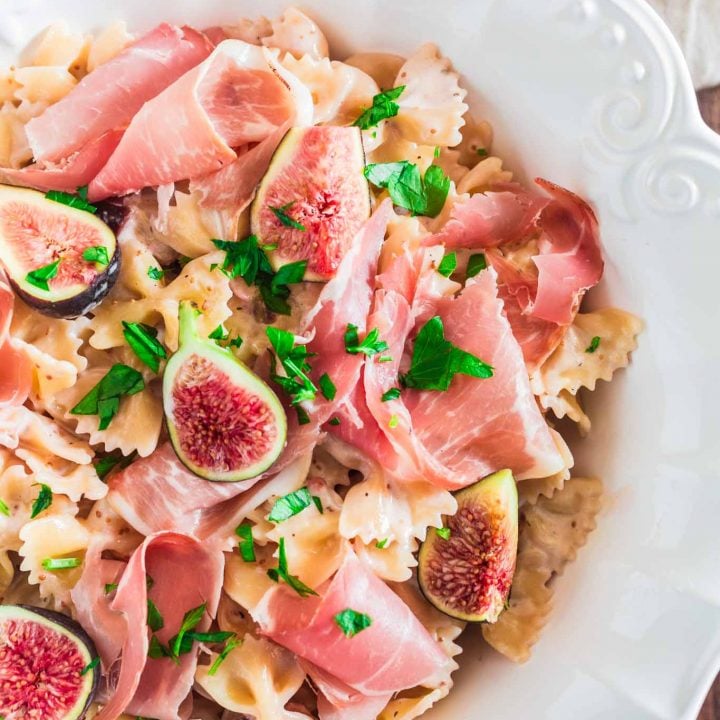 Farfalle with Fresh Figs and Prosciutto | www.oliviascuisine.com | A delicious and easy pasta dish using the sweetest, seasonal figs and salty prosciutto. If you could eat summer, this would be it!