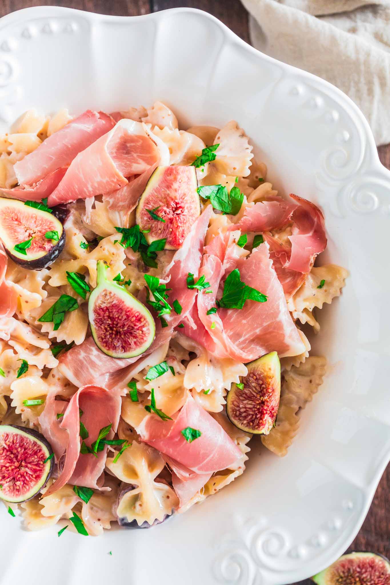 Farfalle with Fresh Figs and Prosciutto | www.oliviascuisine.com | A delicious and easy pasta dish using the sweetest, seasonal figs and salty prosciutto. If you could eat summer, this would be it!