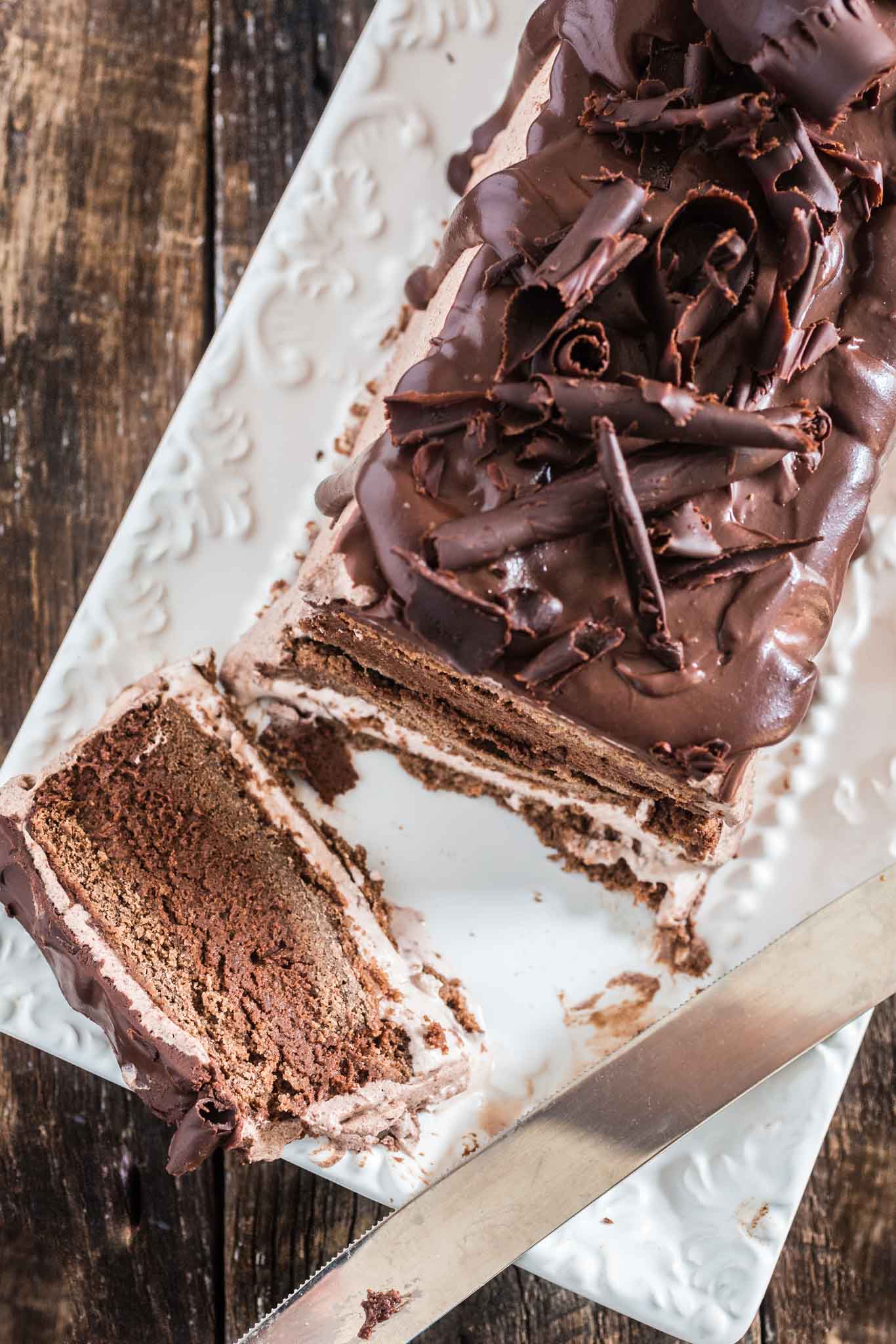 Chocolate Ice Cream Cake | www.oliviascuisine.com | This make-ahead chocolate ice cream cake has everything a chocoholic desires: chocolate cake, chocolate mousse and chocolate ice cream. It is a delightful dessert to celebrate a birthday or end a fabulous dinner party! (Sponsored by @CuriousCreamery) #CuriousCreamery #ad