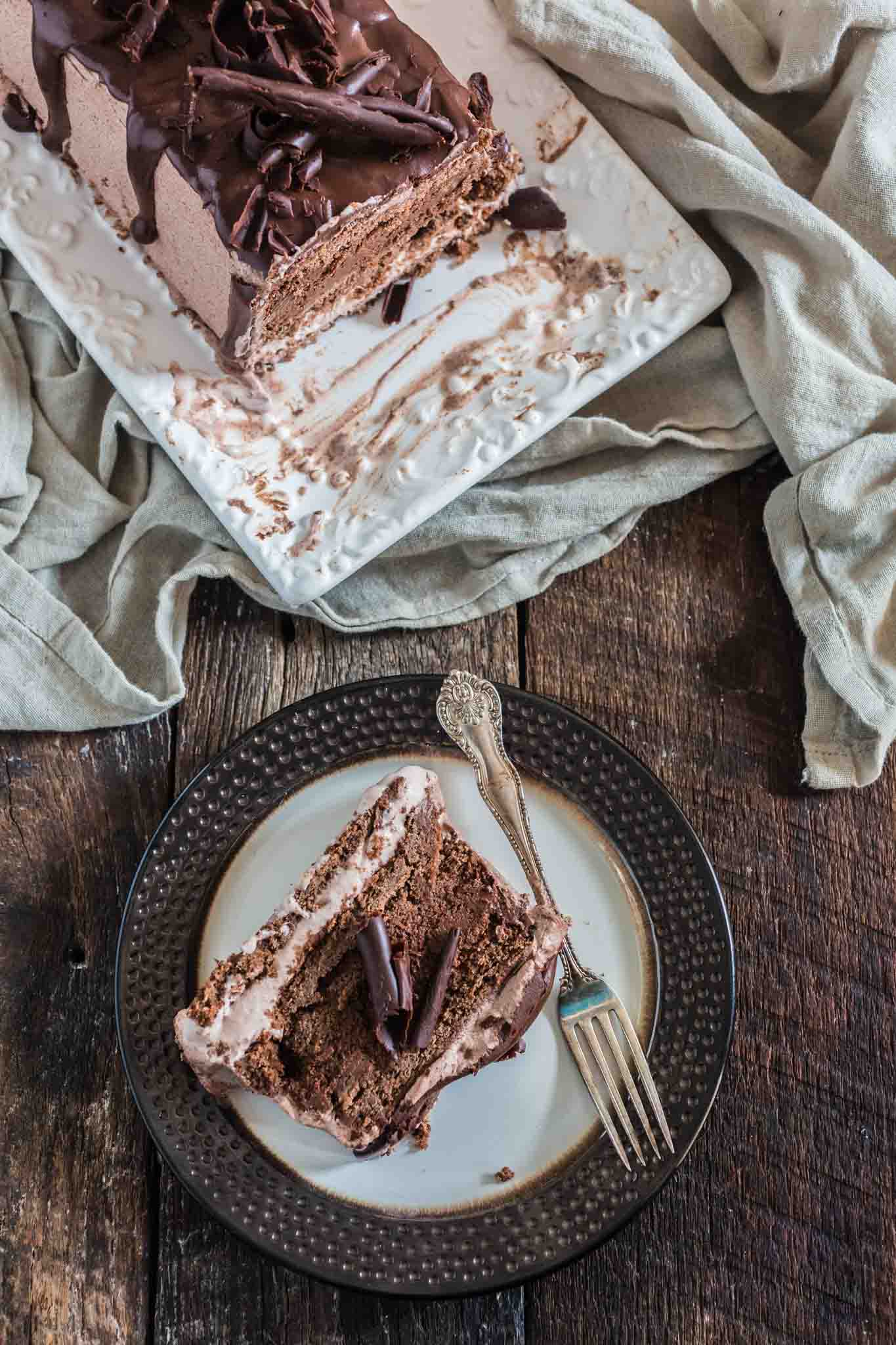 Chocolate Ice Cream Cake | www.oliviascuisine.com | This make-ahead chocolate ice cream cake has everything a chocoholic desires: chocolate cake, chocolate mousse and chocolate ice cream. It is a delightful dessert to celebrate a birthday or end a fabulous dinner party! (Sponsored by @CuriousCreamery) #CuriousCreamery #ad