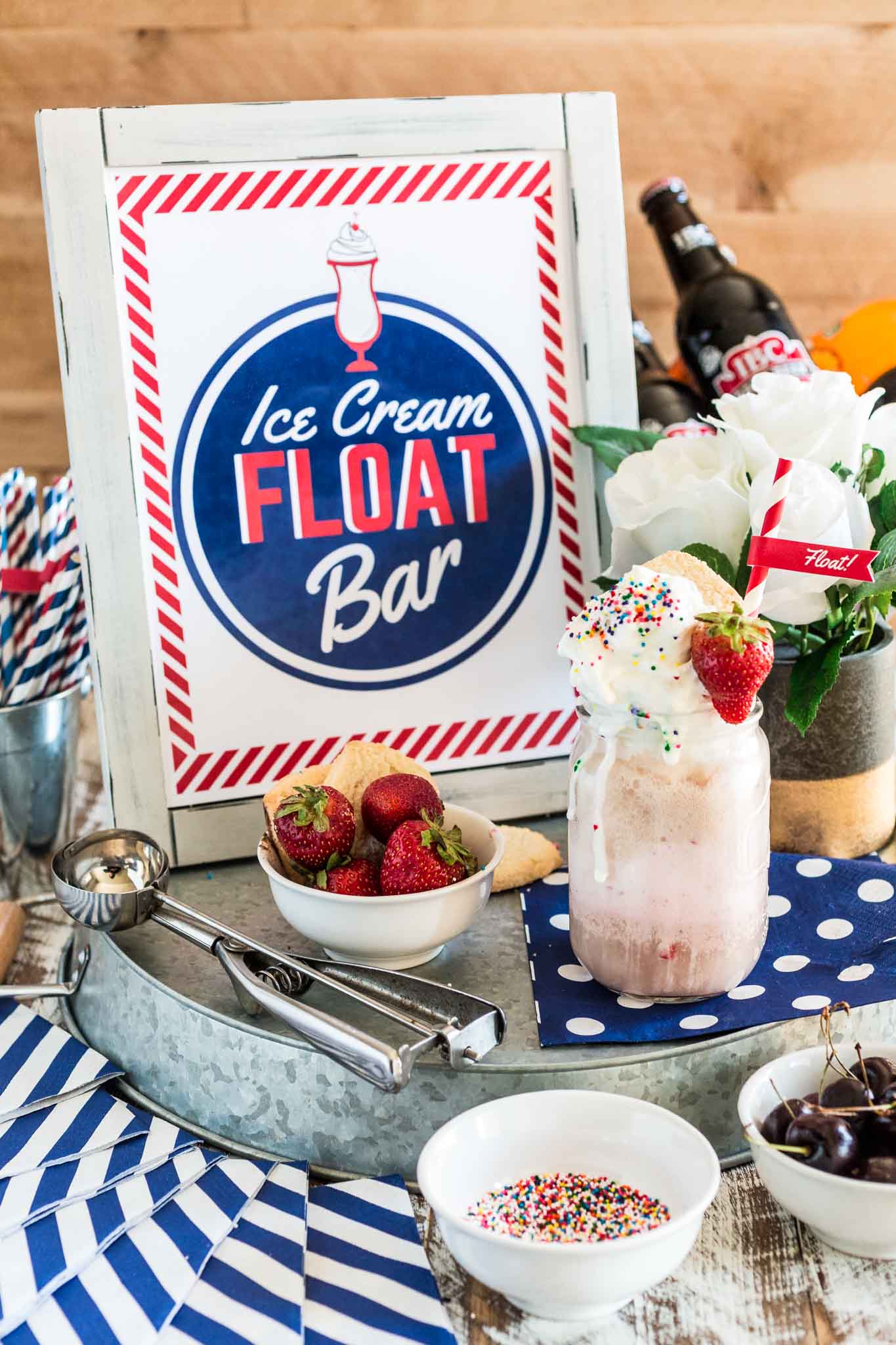 Ice Cream Float Bar | www.oliviascuisine.com | How fun would it be to set up a retro Ice Cream Float Bar at your next party? Not only is it entertaining for the kiddos, but the grown ups will love to relive their childhoods!