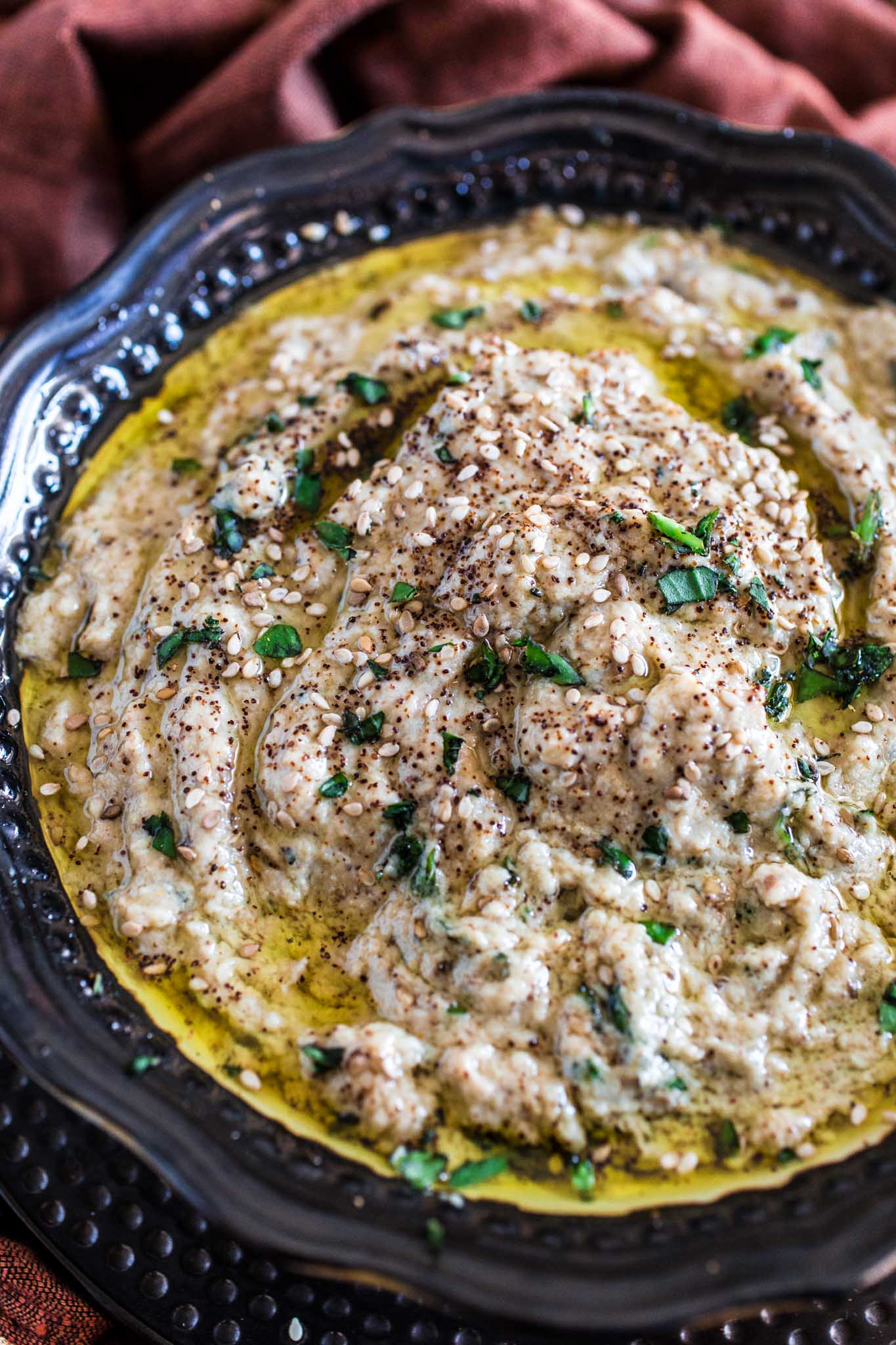 Baba Ghanoush (Roasted Eggplant Dip) | www.oliviascuisine.com | This creamy and delicious roasted eggplant dip is a Lebanese classic! It is vegetarian, but you can make it vegan by omitting the sour cream.