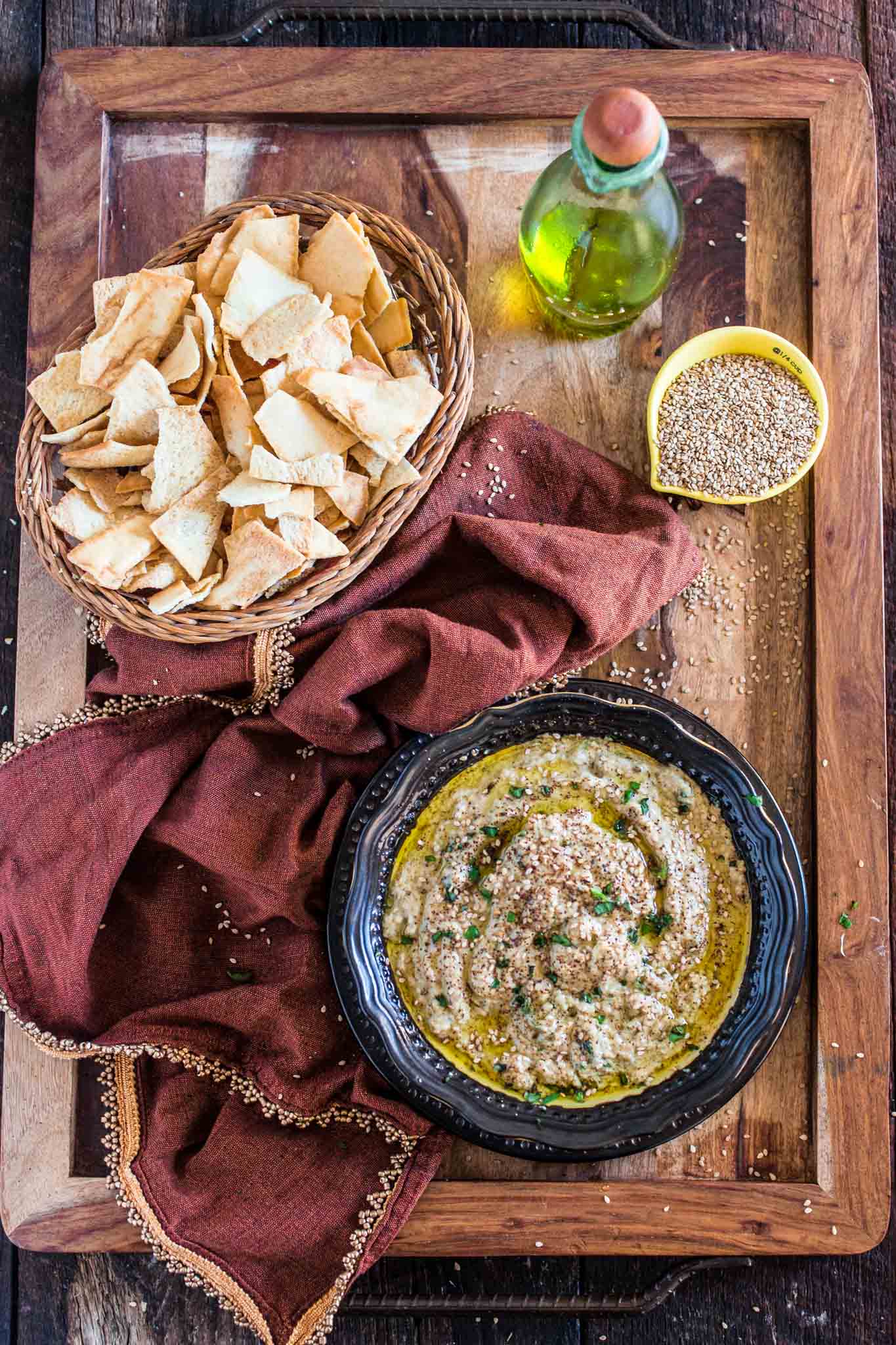 Baba Ghanoush (Roasted Eggplant Dip) | www.oliviascuisine.com | This creamy and delicious roasted eggplant dip is a Lebanese classic! It is vegetarian, but you can make it vegan by omitting the sour cream.