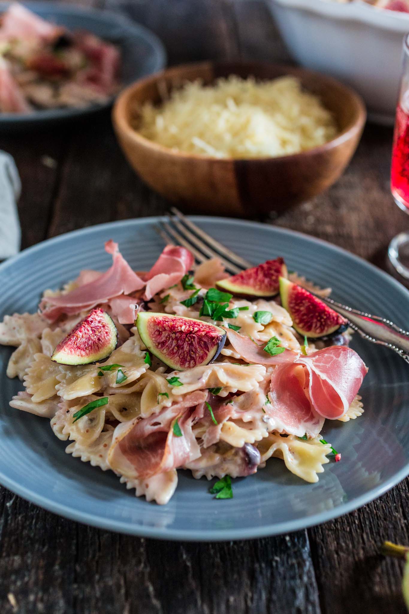 Farfalle with Fresh Figs and Prosciutto | www.oliviascuisine.com | A delicious and easy pasta dish using the sweetest, seasonal figs and salty prosciutto. If you could eat summer, this would be it!