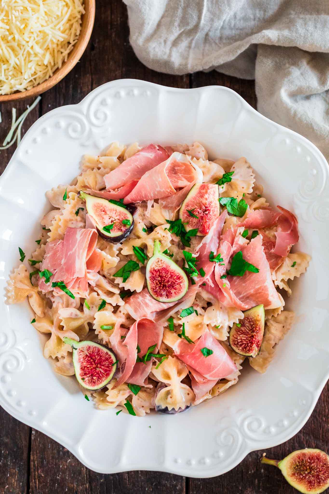 Farfalle with Fresh Figs and Prosciutto | www.oliviascuisine.com | A delicious and easy pasta dish using the sweetest, seasonal figs and salty prosciutto. If you could eat summer, this would be it!