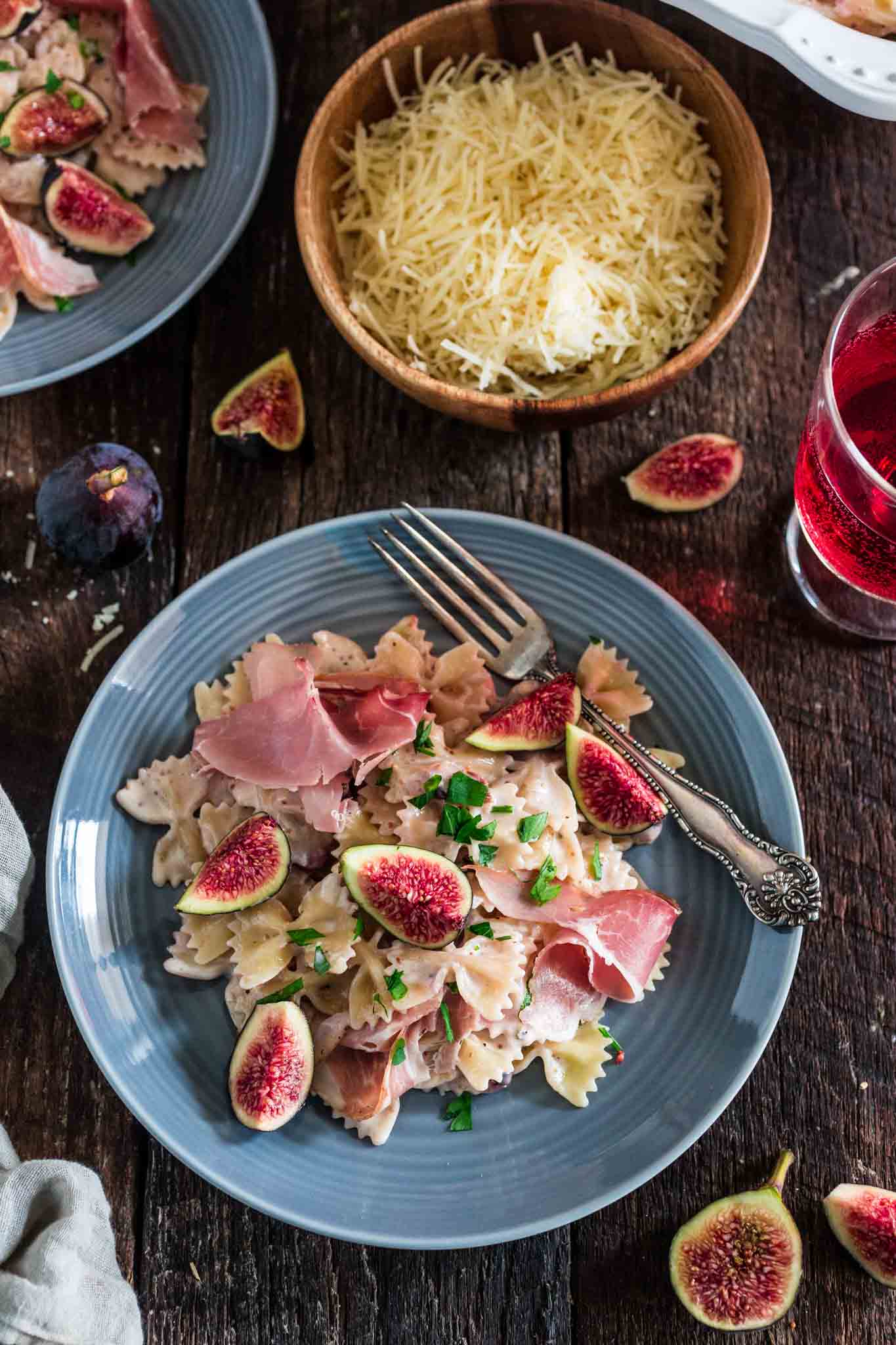 Farfalle with Fresh Figs and Prosciutto | www.oliviascuisine.com | A delicious and easy pasta dish using the sweetest, seasonal figs and salty prosciutto. If you could eat summer, this would be it!