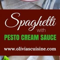 Spaghetti with Pesto Cream Sauce, Fresh Tomatoes and Mozzarella | www.oliviascuisine.com | Who can say "no" to spaghetti tossed in a delicious pesto cream sauce topped with fresh cherry tomatoes and mozzarella balls? Not me! Especially when it's so easy to make and on the table in 15 minutes!