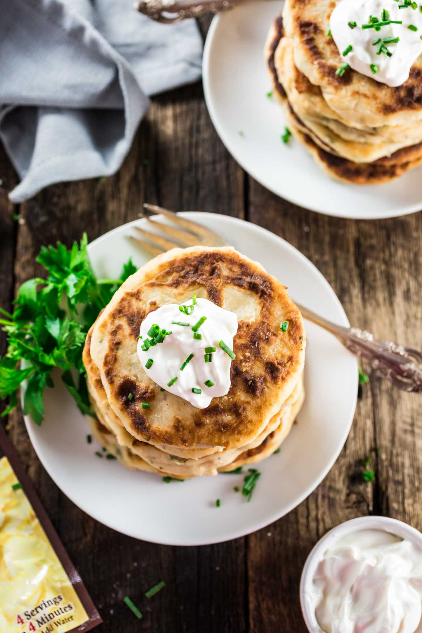 Mashed Potato Pancakes | www.oliviascuisine.com | Crisp and tender buttery Mashed Potato Pancakes are the perfect start for your Thanksgiving holiday! Made with just a few basic ingredients and ready in less than 20 minutes. Because "delicious yet easy" is my holiday motto!